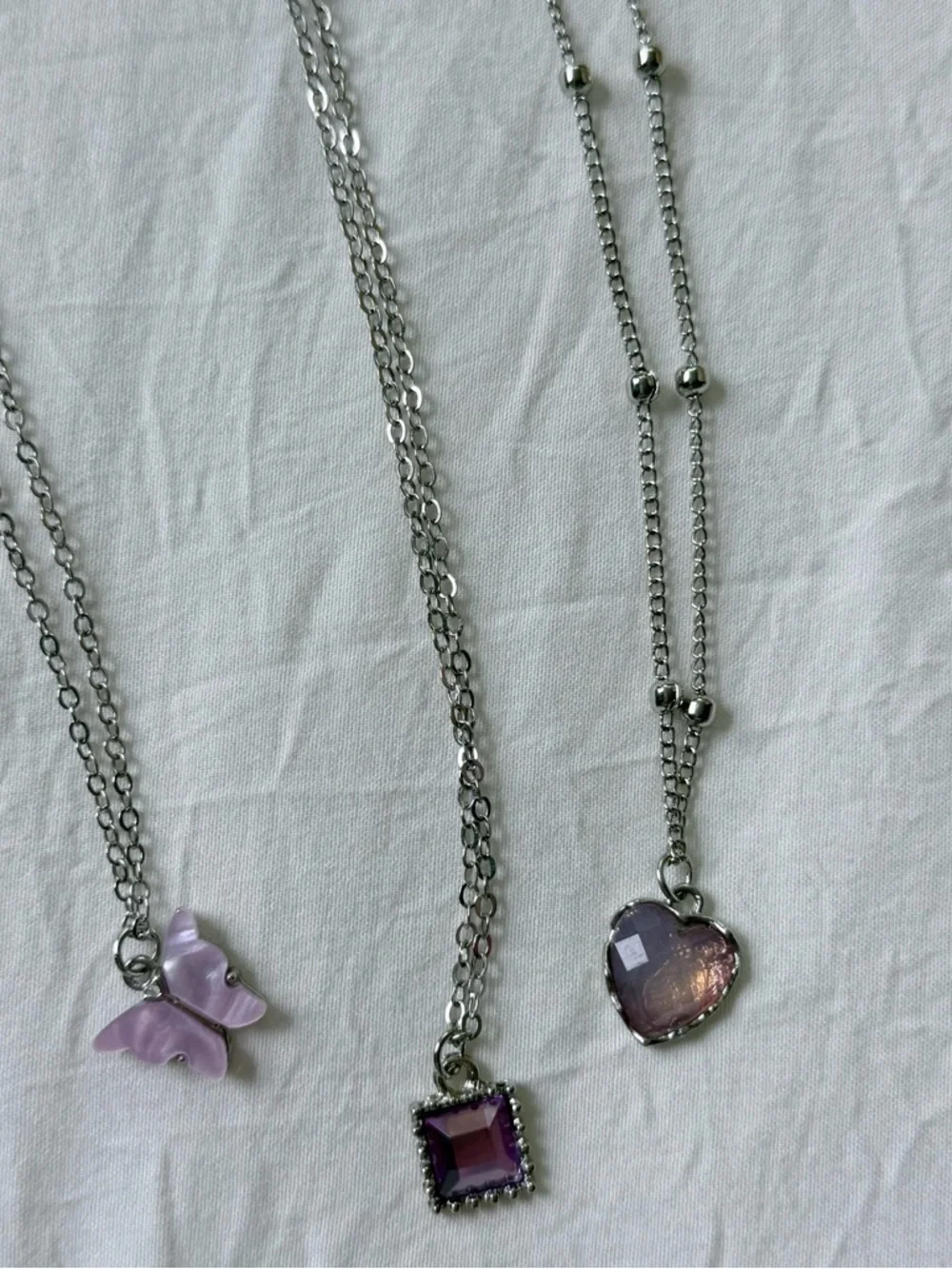 Brand New Y2K Silver Purple Fairycore Butterfly Heart Charm Pendant Necklace Set